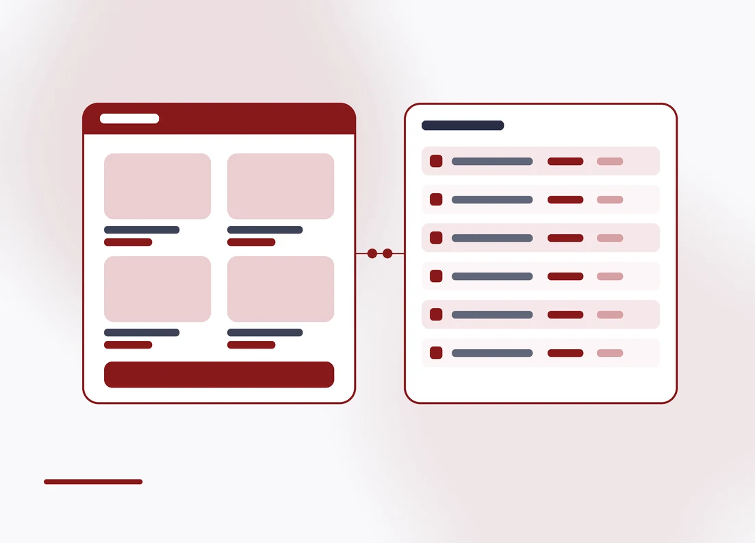 A storefront panel beside a wholesale order grid, linked together