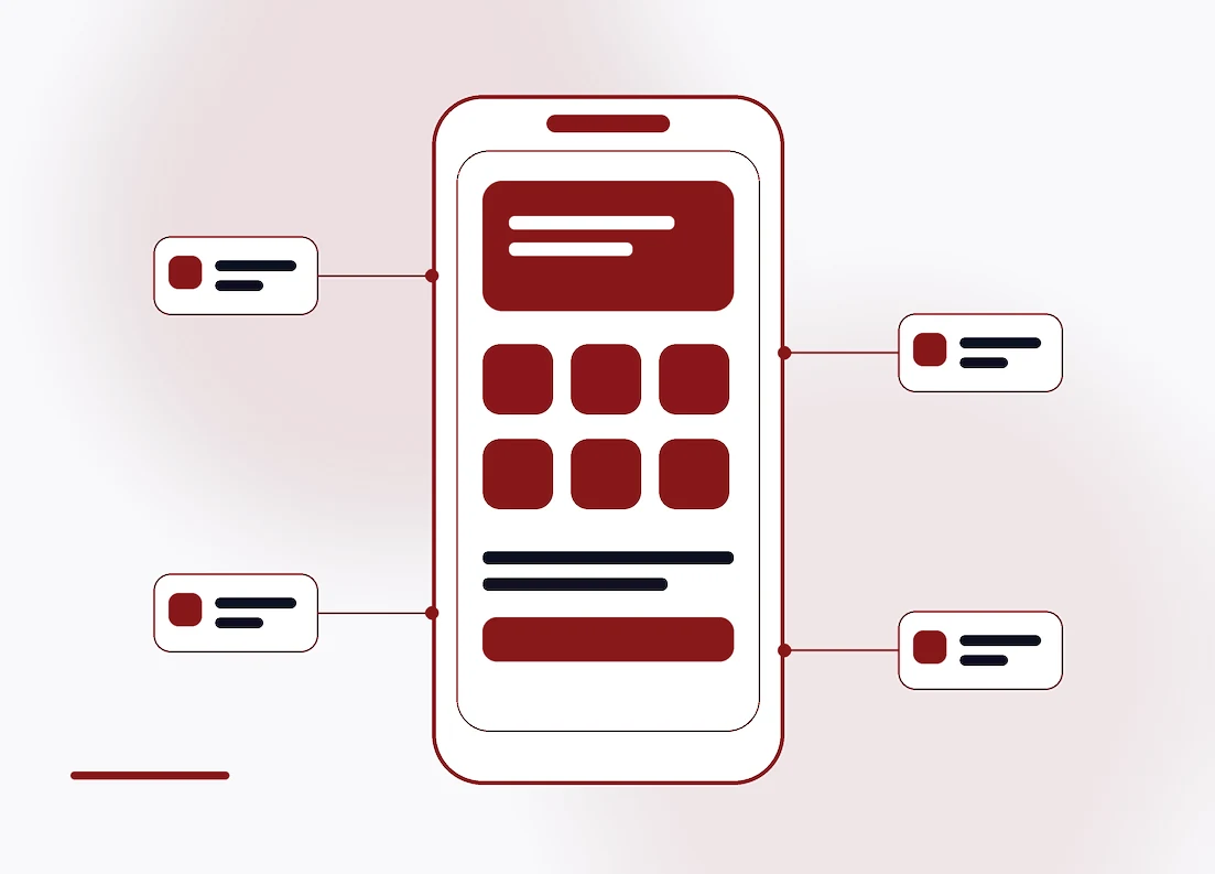 A phone screen built from app panels, with iOS and Android marks