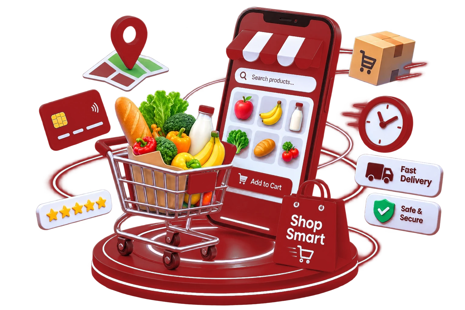 Smart Retail shopping app with a grocery cart and phone storefront