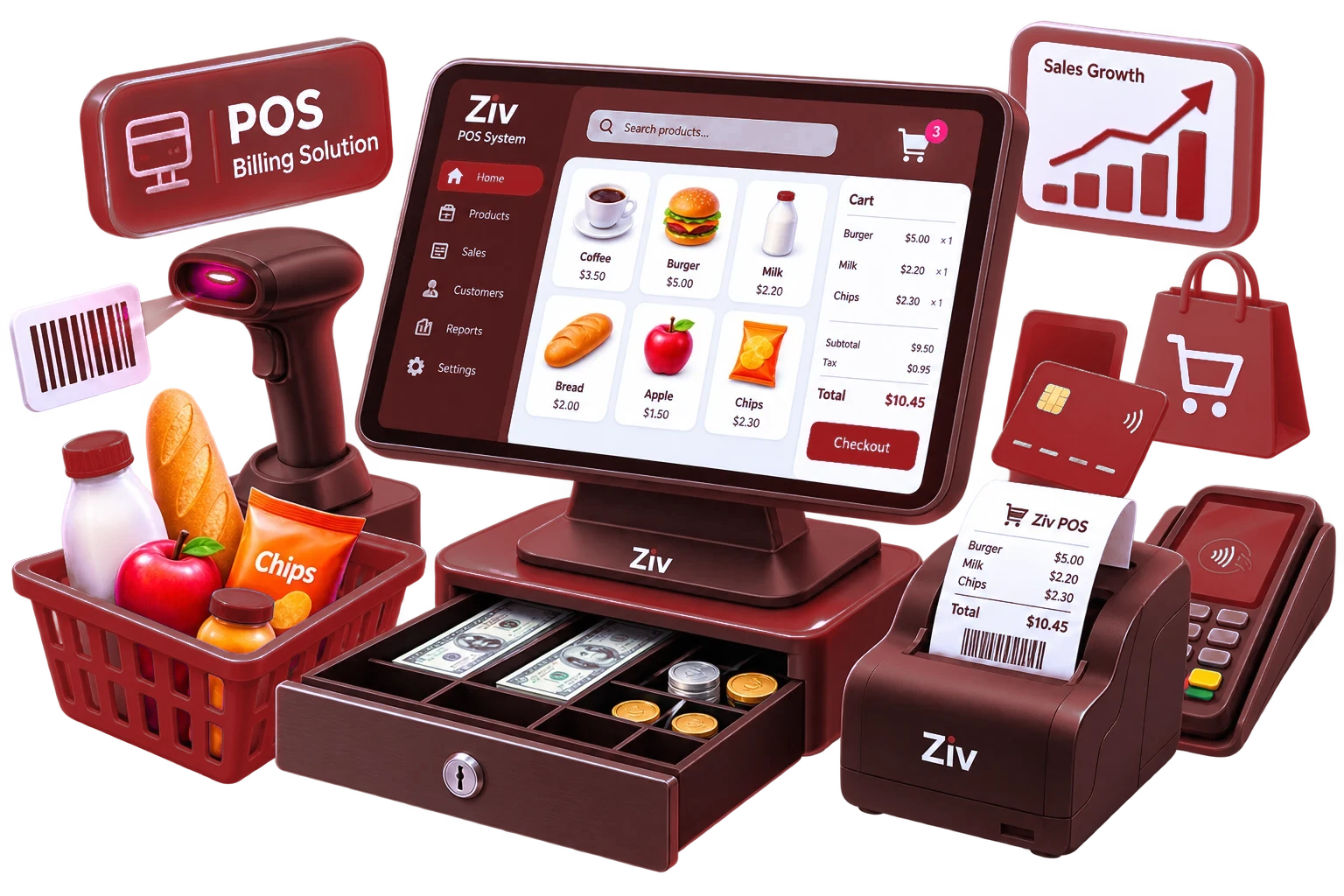 Ziv POS billing terminal with scanner, cash drawer and receipt printer