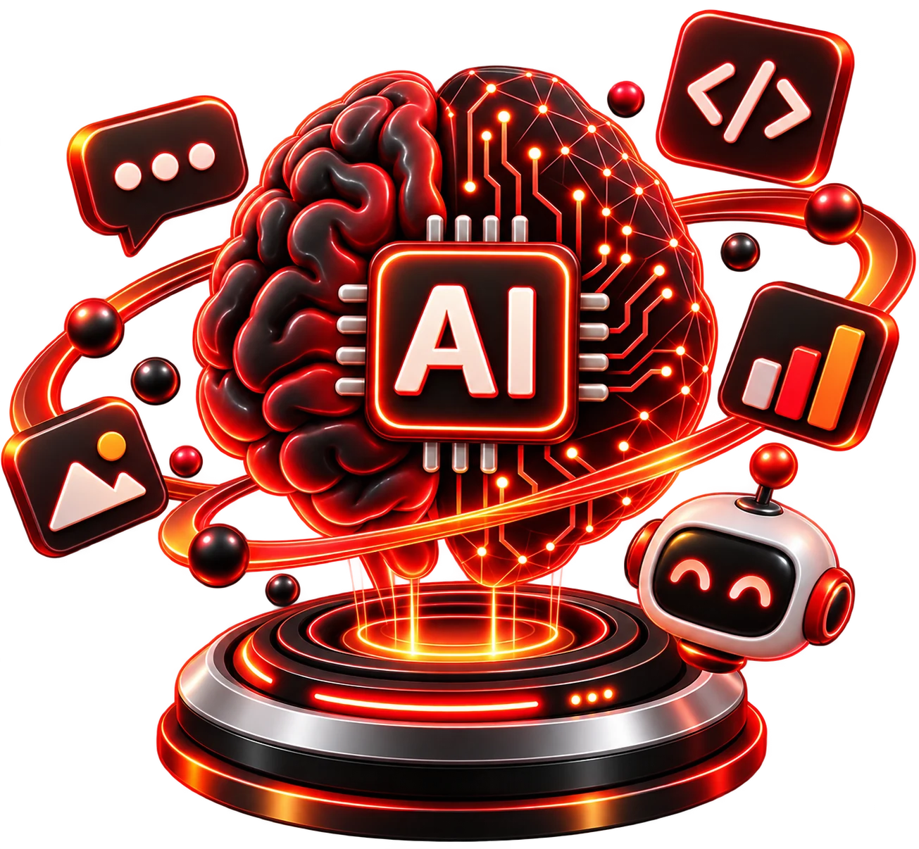 Artificial intelligence illustration with AI chip brain and robot
