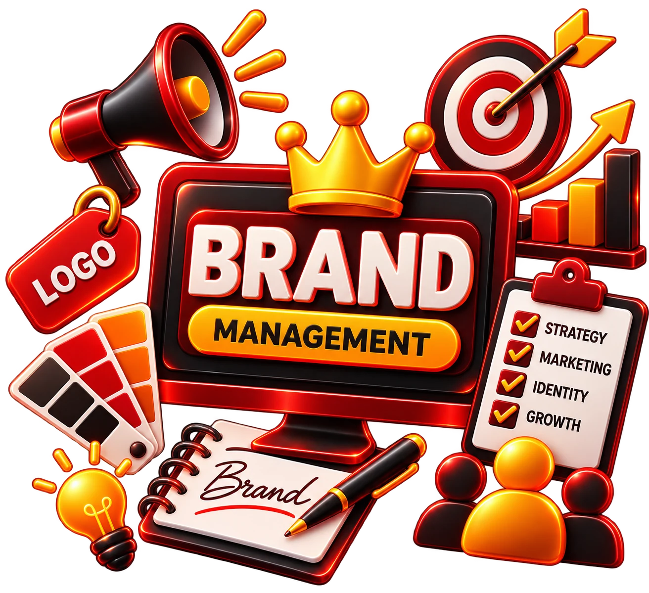 Brand management illustration with monitor, crown, logo tag and colour swatches