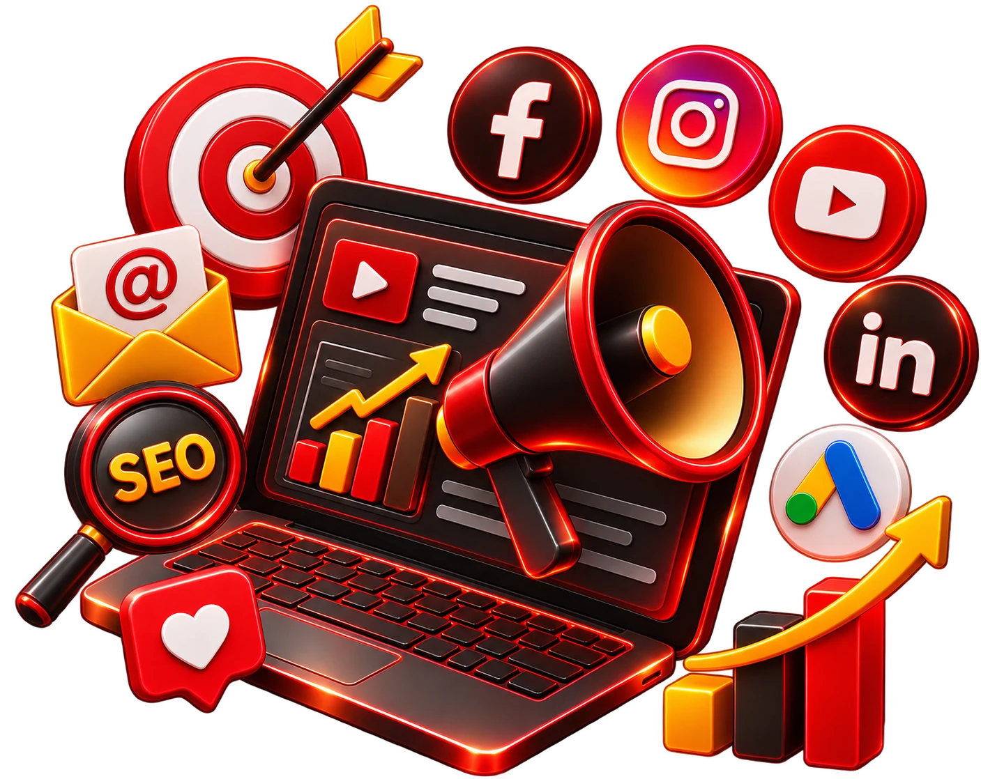 Digital marketing illustration with laptop, megaphone, SEO and social icons