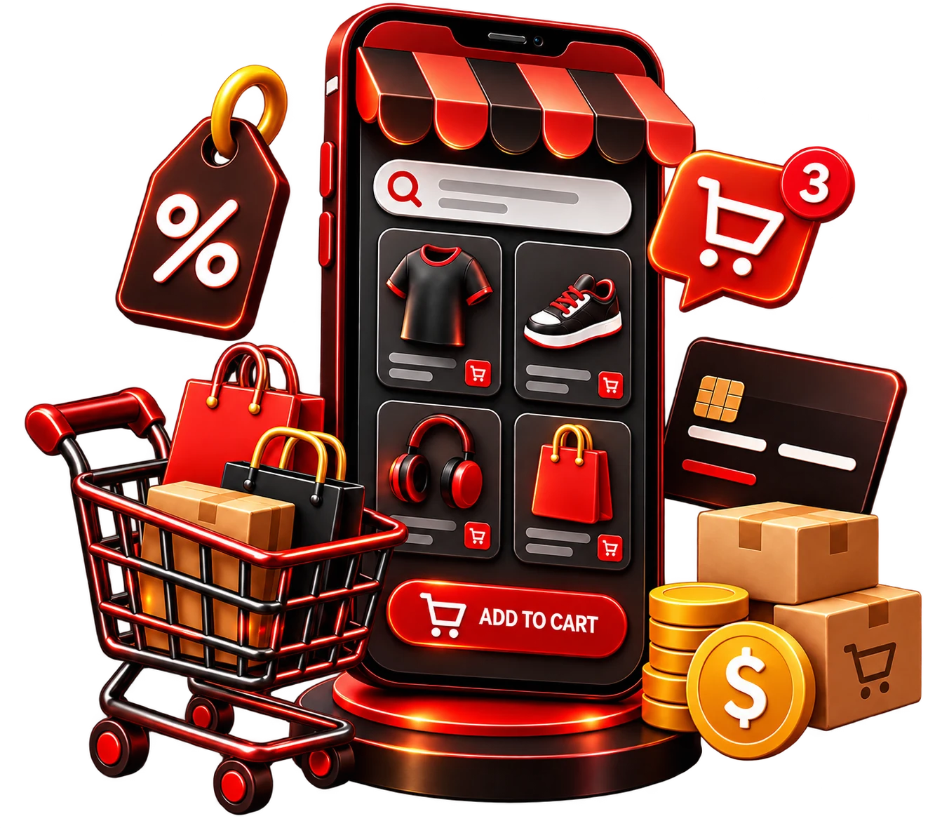 Ecommerce illustration with phone storefront, shopping cart and payment card